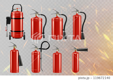 Set of realistic red extinguishers isolated on the background of fiery sparks: different types of handle extinguishers, water, carbon dioxide, foam, powder and wet chemicals. 3d vector illustration 119672140