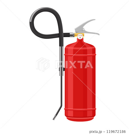Wet Chemical Fire Extinguisher. Alarm signs, wet chemical co2. Red cylinder with spray hose. Portable fire extinguishing equipment. Realistic 3d vector illustration isolated on white background Wet Chemical Fire Extinguisher. Alarm signs, wet chemical co2. Red cylinder with spray hose. Portable fire extinguishing equipment. Realistic 3d vector illustration isolated on white background 119672186