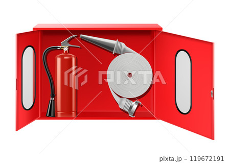 Opened extinguisher cabinet or fire shield, with fire extinguisher, fire hose, fire alarm. Isolated on white background. Realistic 3d vector illustration 119672191
