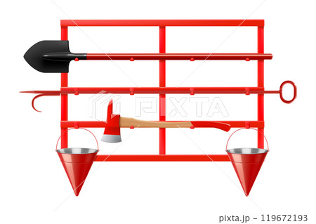 Open-type fire-fighting equipment stand with a tipping sandbox A stand with a fire shovel, a fire bucket, an axe, a fire extinguisher and a fireman's helmet. Realistic 3D vector illustration. 119672193
