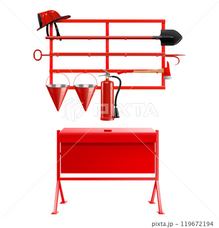 Open-type fire-fighting equipment stand with a tipping sandbox A stand with a fire shovel, a fire bucket, an axe, a fire extinguisher and a fireman's helmet. Realistic 3D vector illustration. Open-type fire-fighting equipment stand with a tipping sandbox A stand with a fire shovel, a fire bucket, an axe, a fire extinguisher and a fireman's helmet. Realistic 3D vector illustration. 119672194