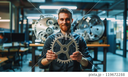 Office worker holding cog wheel as unity and teamwork in industry factory. 119672288