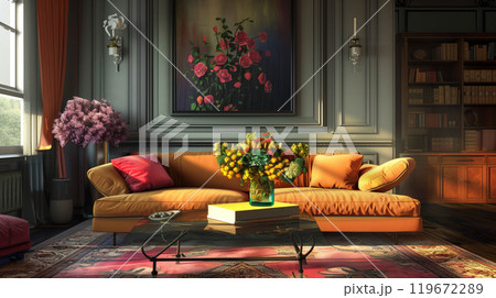 Interior modern of minimal living room design with colorful flower nature in house. 119672289