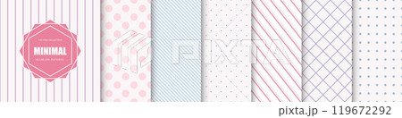 Collection of color geometric seamless patterns. Simple dotted and striped delicate textures - repeatable unusual minimalistic backgrounds. Textile endless prints 119672292