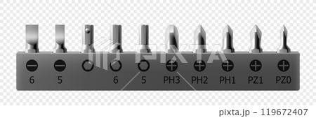 Isometric set of metal bits for screwdriver isolated on white background. Bits for electric drill or cordless screwdriver. Hand tools for repair. Bits for bolts and screws. Realistic 3d vector 119672407