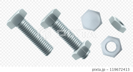 Isometric vector illustration steel bolt and hex nut isolated on white background. Realistic 3d stainless steel bolt and nut icon. screw-nuts and bolts. Isometric vector illustration steel bolt and hex nut isolated on white background. Realistic 3d stainless steel bolt and nut icon. screw-nuts and bolts. 119672413