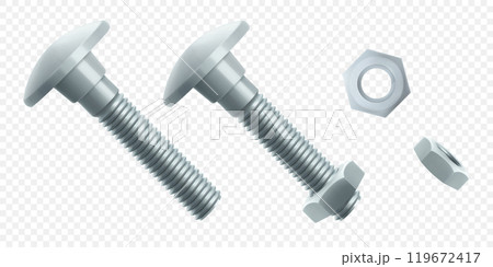 Isometric vector illustration steel bolt or screw isolated on white background. Realistic 3d stainless steel bolt and nut icon. screw-nuts and bolts. 119672417