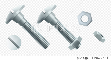 Steel bolts and hex nut isolated on white background. Realistic 3d stainless steel bolt and nut icon. Screw-nuts and bolts. Isometric vector illustration Steel bolts and hex nut isolated on white background. Realistic 3d stainless steel bolt and nut icon. Screw-nuts and bolts. Isometric vector illustration 119672421