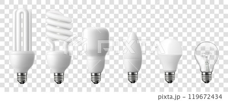 Set of LED light emitting diode energy saving light bulbs, economical light bulb and incandescent light bulb, isolated on transparent background, 3d vector realistic illustration. Set of LED light emitting diode energy saving light bulbs, economical light bulb and incandescent light bulb, isolated on transparent background, 3d vector realistic illustration. 119672434