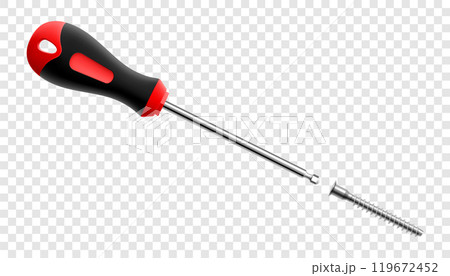 Hex-Screwdriver with ballpoint and bolt isolated on transparent background. Black and red long screwdrivers. Metal tool for Home Repairs and Mechanical Work. Realistic 3d vector illustration. 119672452