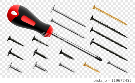 Screwdriver with screws and bolts isolated on transparent background. Black and yellow long screwdrivers. Metal tool for Home Repairs and Mechanical Work. Realistic 3d vector illustration. Screwdriver with screws and bolts isolated on transparent background. Black and yellow long screwdrivers. Metal tool for Home Repairs and Mechanical Work. Realistic 3d vector illustration. 119672453