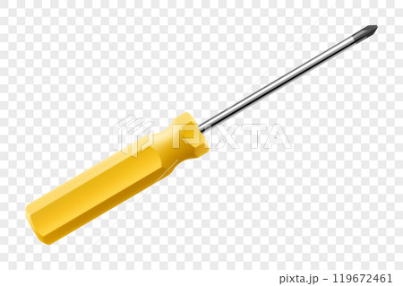 Phillips screwdriver isolated on transparent background. Black and yellow short screwdrivers. Metal tool for Home Repairs and Mechanical Work. Realistic 3d vector illustration. Phillips screwdriver isolated on transparent background. Black and yellow short screwdrivers. Metal tool for Home Repairs and Mechanical Work. Realistic 3d vector illustration. 119672461