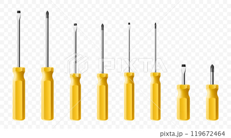 Set of screwdrivers isolated on transparent background. Yellow long and short screwdrivers. Metal tool for Home Repairs and Mechanical Work. Realistic 3d vector illustration. Set of screwdrivers isolated on transparent background. Yellow long and short screwdrivers. Metal tool for Home Repairs and Mechanical Work. Realistic 3d vector illustration. 119672464