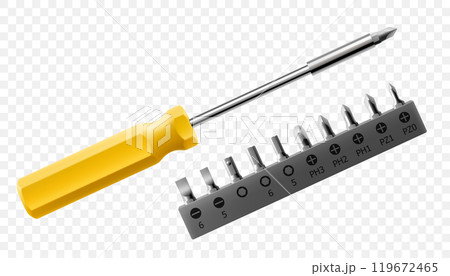 Phillips screwdriver with set of metal bits for screwdriver isolated on white background. Bits for bolts and screws. Bits for electric drill or cordless screwdriver. Realistic 3d vector Phillips screwdriver with set of metal bits for screwdriver isolated on white background. Bits for bolts and screws. Bits for electric drill or cordless screwdriver. Realistic 3d vector 119672465