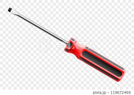 Flathead screwdriver isolated on transparent background. Black and red long screwdrivers. Metal tool for Home Repairs and Mechanical Work. Realistic 3d vector illustration. 119672469