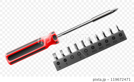 Phillips screwdriver with set of metal bits for screwdriver isolated on white background. Bits for bolts and screws. Bits for electric drill or cordless screwdriver. Realistic 3d vector Phillips screwdriver with set of metal bits for screwdriver isolated on white background. Bits for bolts and screws. Bits for electric drill or cordless screwdriver. Realistic 3d vector 119672471