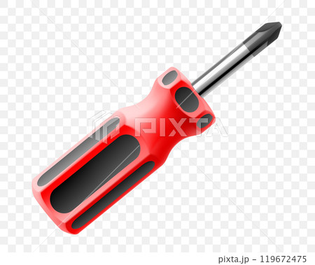 Phillips screwdriver isolated on transparent background. Black and yellow short screwdrivers. Metal tool for Home Repairs and Mechanical Work. Realistic 3d vector illustration. 119672475
