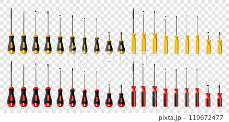 Big set of screwdrivers isolated on transparent background. Black and red long and short screwdrivers. Metal tool for Home Repairs and Mechanical Work. Realistic 3d vector illustration. Big set of screwdrivers isolated on transparent background. Black and red long and short screwdrivers. Metal tool for Home Repairs and Mechanical Work. Realistic 3d vector illustration. 119672477