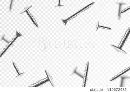 Flying metal screws and bolts, isolated on transparent background. Many silver falling screws. ?onstruction, repair tools. Steel chrome nails, grey instruments minimalist concept. 119672485
