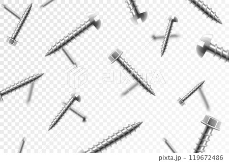 Flying metal screws and bolts, isolated on transparent background. Many silver falling screws. ?onstruction, repair tools. Steel chrome nails, grey instruments minimalist concept. Flying metal screws and bolts, isolated on transparent background. Many silver falling screws. ?onstruction, repair tools. Steel chrome nails, grey instruments minimalist concept. 119672486