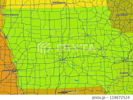 A detailed editable vector map of the U.S. state of Iowa. The map highlights state boundaries, major cities, highways, rivers, and geographic features. Ideal for design and presentations. 119672524
