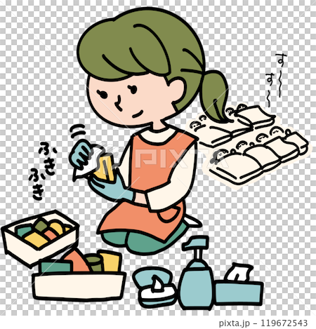 保育員在午睡時間對玩具進行消毒 保育員在午睡時間對玩具進行消毒 119672543