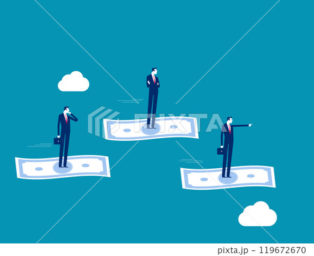 Cash flow, investment direction or financial trend, profit or earning from business, income or salary, stock market investing, wealth expert concept, business people riding flying money banknotes. 119672670