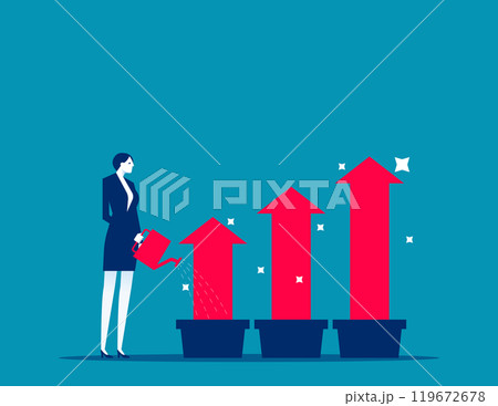 Grow business, growth or increase revenue income, personal development, growth mindset or investment profit, prosperity concept, businessman watering seedling plant with growing green growth arrow. Grow business, growth or increase revenue income, personal development, growth mindset or investment profit, prosperity concept, businessman watering seedling plant with growing green growth arrow. 119672678