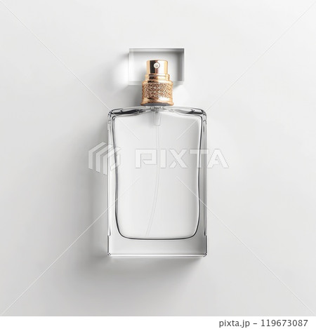 A beautifully designed perfume bottle sits on a white surface. AI-generated content. A beautifully designed perfume bottle sits on a white surface. AI-generated content. 119673087