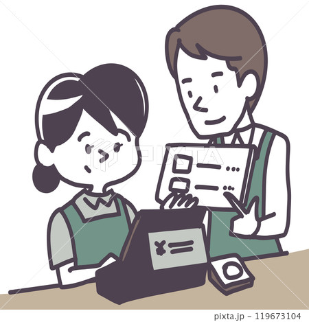 研修でレジの会計を教える社員とアルバイト 研修でレジの会計を教える社員とアルバイト 119673104