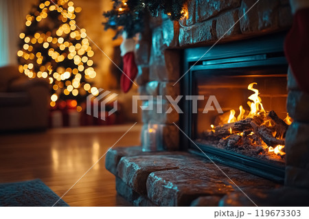 Stone fireplace with burning fire in living room against blurred Christmas tree, atmosphere on eve of miracle, festive New Year decoration at home, background for montage with copy space 119673303