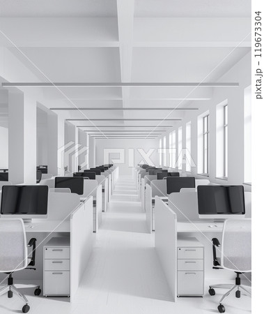 Empty modern bright open space business office with furniture, rows of computers, white chairs, well lit sunlight room for working atmosphere 119673304