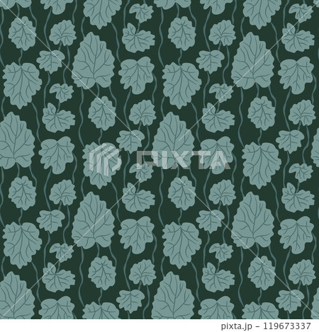 Stylized leaves with a dark green background seamless pattern. Vector hand drawn flat illustration. 119673337