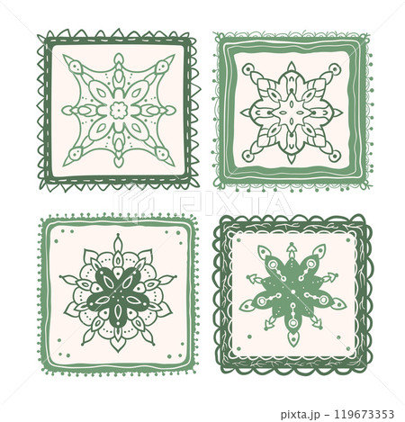 Set of vintage tiles with retro ornament.Vector hand drawn flat collection illustration isolated on Set of vintage tiles with retro ornament.Vector hand drawn flat collection illustration isolated on 119673353