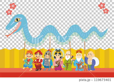 New Year's card illustrations: Year of the Snake, Seven Lucky Gods, Golden Folding Screen, Plum Blossoms 119673401