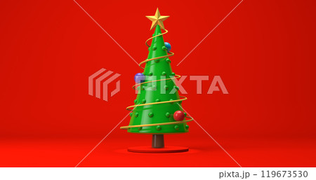 3D rendering, Abstract cartoon Christmas tree with ornaments mock up on red background. 3D rendering, Abstract cartoon Christmas tree with ornaments mock up on red background. 119673530