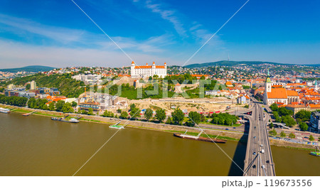 Aerial panorama of Bratislava, Slovakia.View from the SNP Bridge 119673556