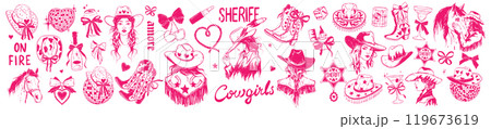 Cowgirl coquettish illustration set, vector western bachelorette disco hand drawn party sticker.  119673619