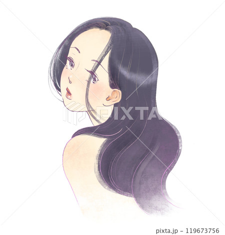 こちらを振り向く髪がきれいなロングヘアーの女性のイラスト　美女 119673756