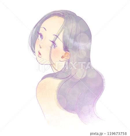 こちらを振り向く髪がきれいなロングヘアーの女性のイラスト　美女 119673758