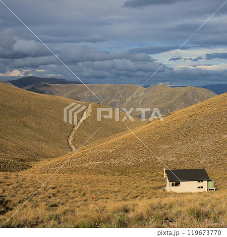 Shelter hut at the Breast Hill track, New Zealand. 119673770