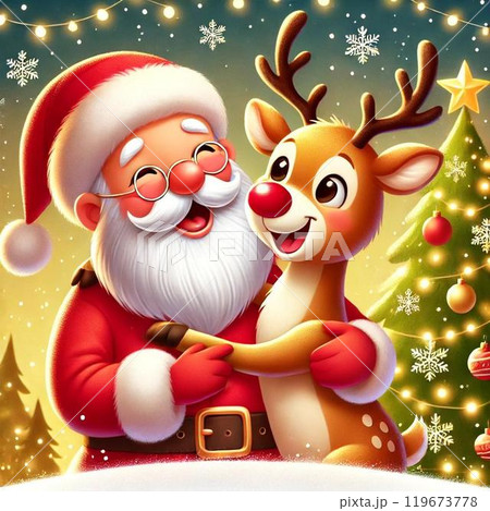 仲良しトナカイ♡クリスマス サンタとトナカイの仲良しシーンが彩る、特別なクリスマスのイラスト