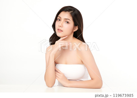 Beautiful young asian woman with clean fresh skin on white background, Face care, Facial treatment, Cosmetology, beauty and spa, Asian women portrait. 119673985