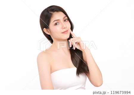 Beautiful young asian woman with clean fresh skin on white background, Face care, Facial treatment, Cosmetology, beauty and spa, Asian women portrait. 119673994