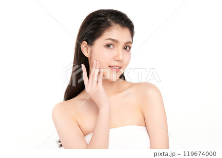 Beautiful young asian woman with clean fresh skin on white background, Face care, Facial treatment, Cosmetology, beauty and spa, Asian women portrait. 119674000