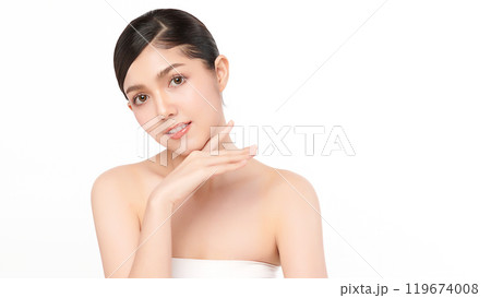 Beautiful young asian woman with clean fresh skin on white background, Face care, Facial treatment, Cosmetology, beauty and spa, Asian women portrait. Beautiful young asian woman with clean fresh skin on white background, Face care, Facial treatment, Cosmetology, beauty and spa, Asian women portrait. 119674008