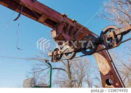 Old cable car in Dnepropetrovsk. Cableway equipment and mechanisms. 119674450