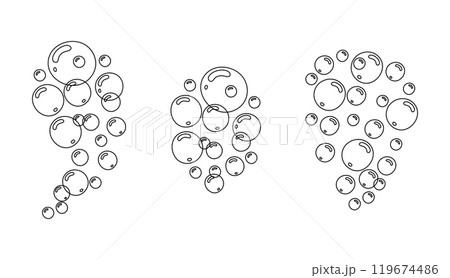 Set of water bubbles cluster in doodle style. Linear vector illustration of soap foam of different shapes 119674486