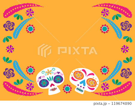かわいいメキシコの骸骨とお花のフレーム背景 119674890