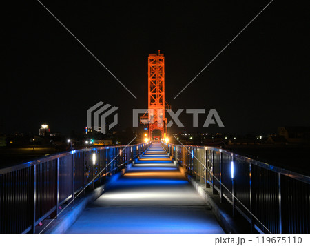 ライトアップされた昇開橋遊歩道 福岡県大川市向島 ライトアップされた昇開橋遊歩道 福岡県大川市向島 119675110